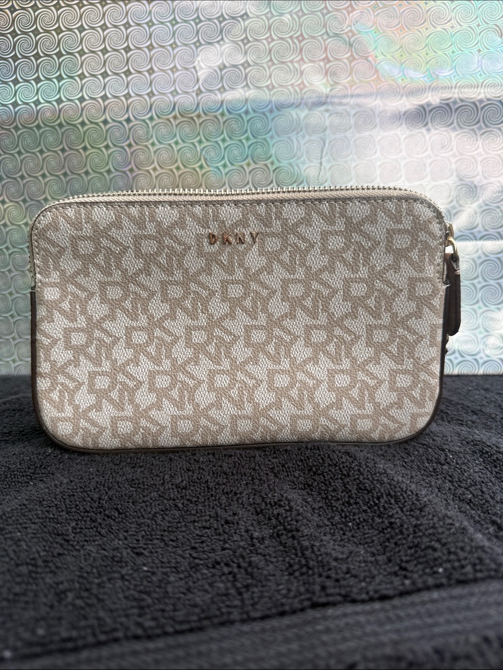 DKNY Beige Logo Zip Pouch with Gold Accents